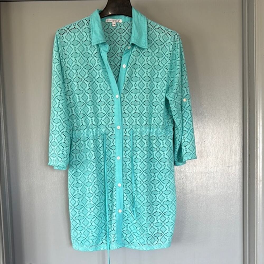 Blue Island Women's Swimwear Lace Cover-Up 3/4 Sleeves Button Front sz M